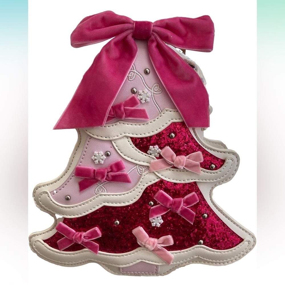 Betsey Johnson Christmas Tree Pink glitter Velvet Bows Snowflake Crossbody Bag